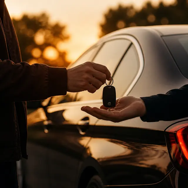 Two people exchanging car keys